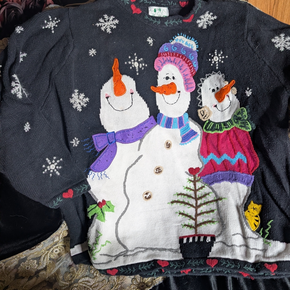 Quacker Factory Black Sweater with Red and Green Accents